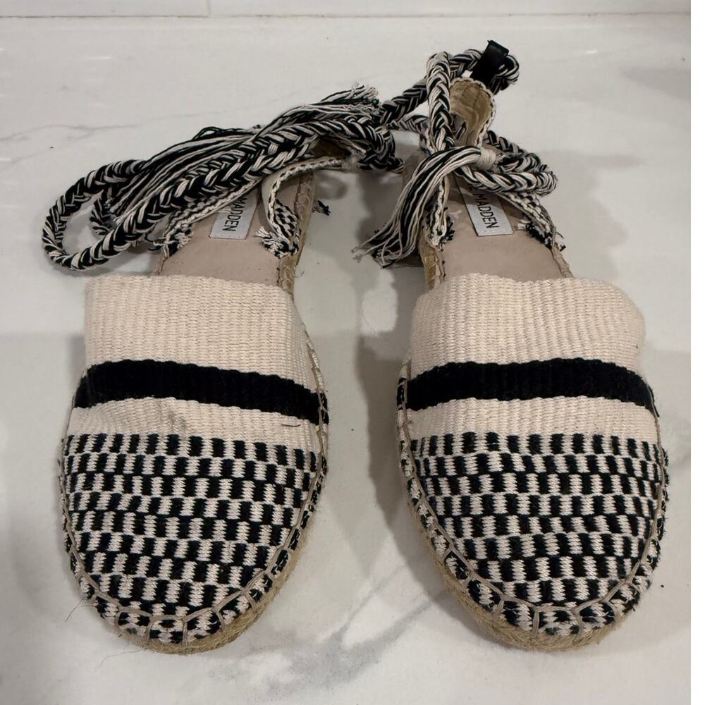 Steve Madden Black White Woven Espadrille Sandals Rope Tie Ankle Wrap Women's 7